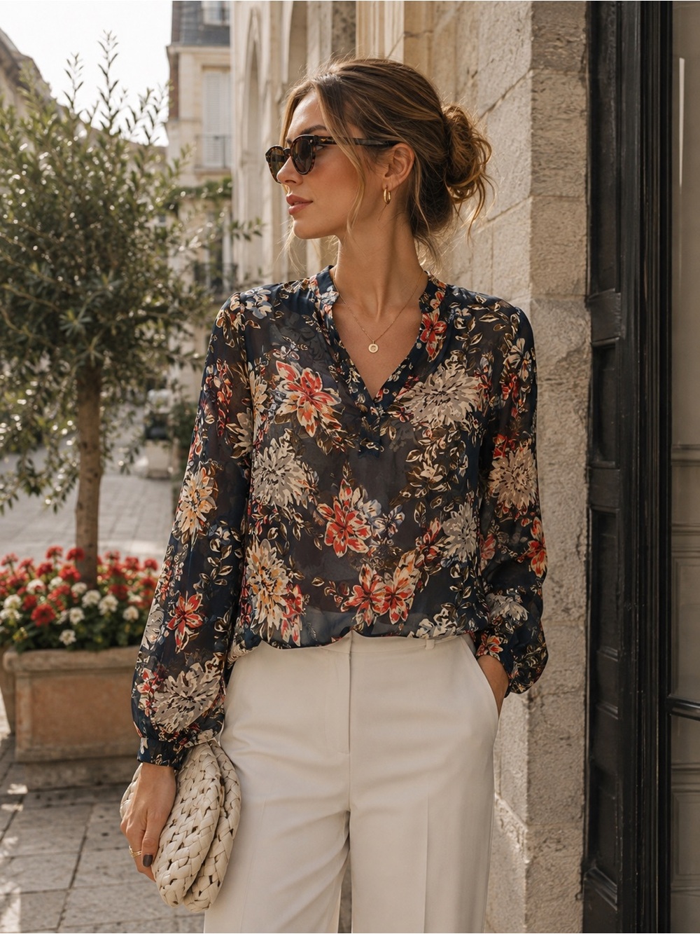 A New Day Floral Sheer Blouse | Long Sleeve Navy Multi | Size M